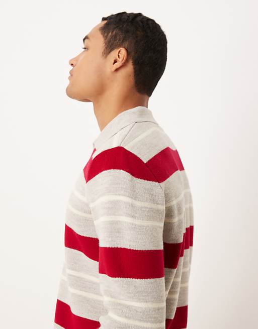 ASOS DESIGN Knitted Notch Neck Polo In Red And Beige Stripe