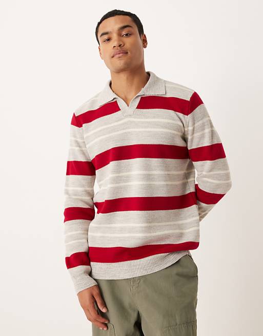 ASOS DESIGN knitted notch neck polo in red and beige stripe