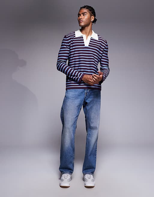 ASOS DESIGN Knitted Notch Neck Polo In Red And Blue Stripe
