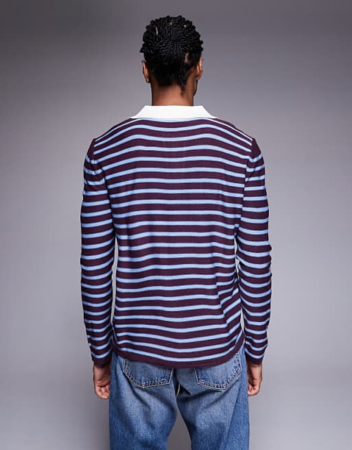 ASOS DESIGN Knitted Notch Neck Polo In Red And Blue Stripe