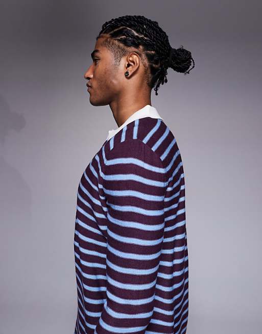 ASOS DESIGN Knitted Notch Neck Polo In Red And Blue Stripe