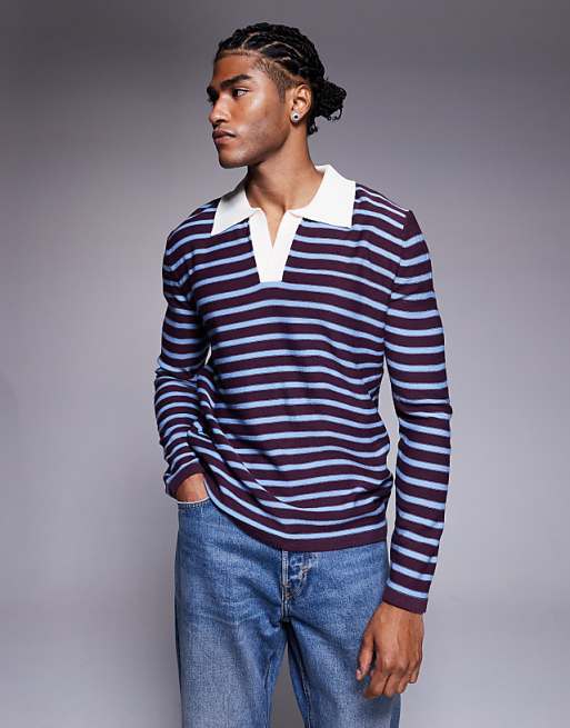 ASOS DESIGN knitted notch neck polo in red and blue stripe