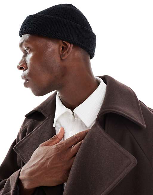 ASOS DESIGN knitted rib mini fisherman beanie in black