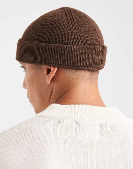 ASOS DESIGN Knitted Rib Mini Fisherman Beanie In Chocolate Brown