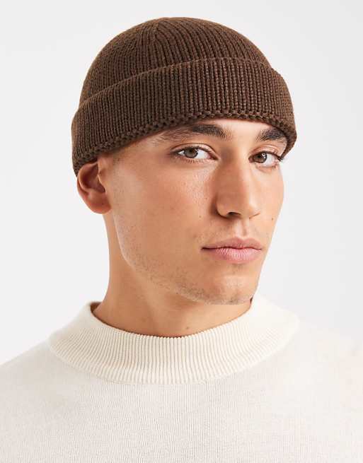ASOS DESIGN knitted rib mini fisherman beanie in chocolate brown