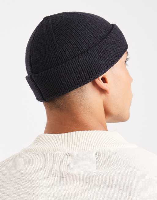 ASOS DESIGN Knitted Rib Mini Fisherman Beanie In Navy