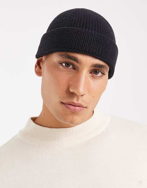 ASOS DESIGN knitted rib mini fisherman beanie in navy