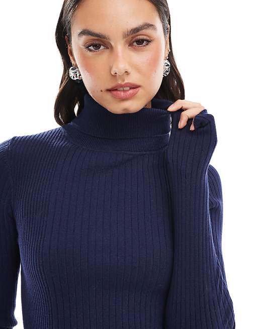 ASOS DESIGN Knitted Roll Neck Top In Engineered Rib In Navy