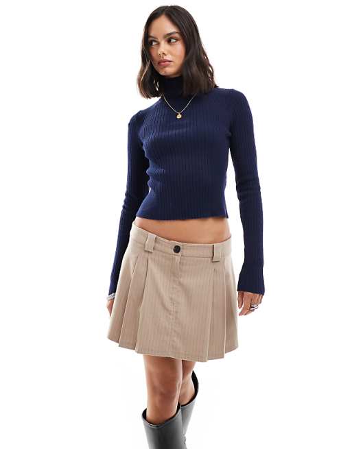 ASOS DESIGN Knitted Roll Neck Top In Engineered Rib In Navy