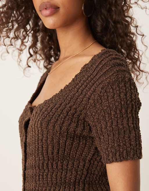 ASOS DESIGN Knitted Scoop Neck Button Through Cardigan In Textured Yarn In Chocolate