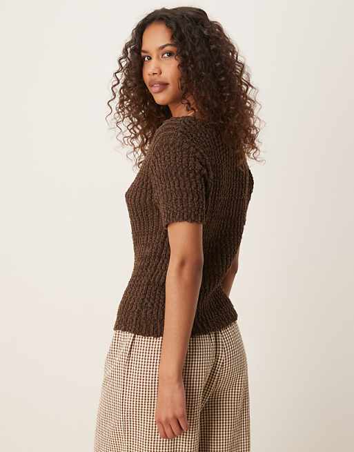 ASOS DESIGN Knitted Scoop Neck Button Through Cardigan In Textured Yarn In Chocolate