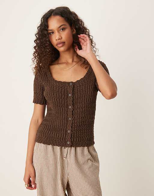 ASOS DESIGN knitted scoop neck button through cardigan in textured yarn in chocolate