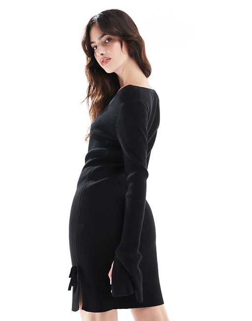 ASOS DESIGN Knitted Scoop Neck Mini Dress With Tie Detail In Black