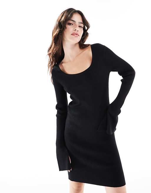 ASOS DESIGN knitted scoop neck mini dress with tie detail in black