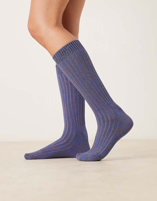 ASOS DESIGN knitted socks in mixed brown and light blue yarn