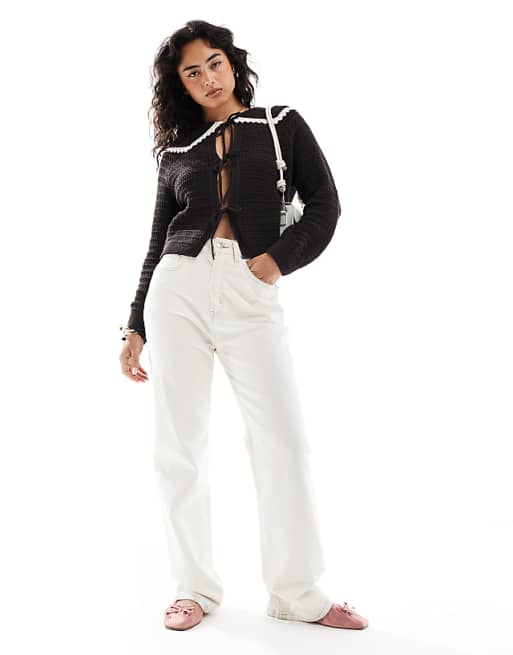 ASOS DESIGN Knitted Stitch Detail Tie Front Cardigan With Collar Detail In Chocolate