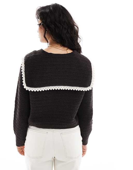 ASOS DESIGN Knitted Stitch Detail Tie Front Cardigan With Collar Detail In Chocolate