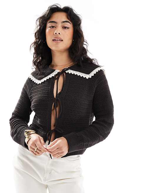 ASOS DESIGN knitted stitch detail tie front cardigan with collar detail in chocolate