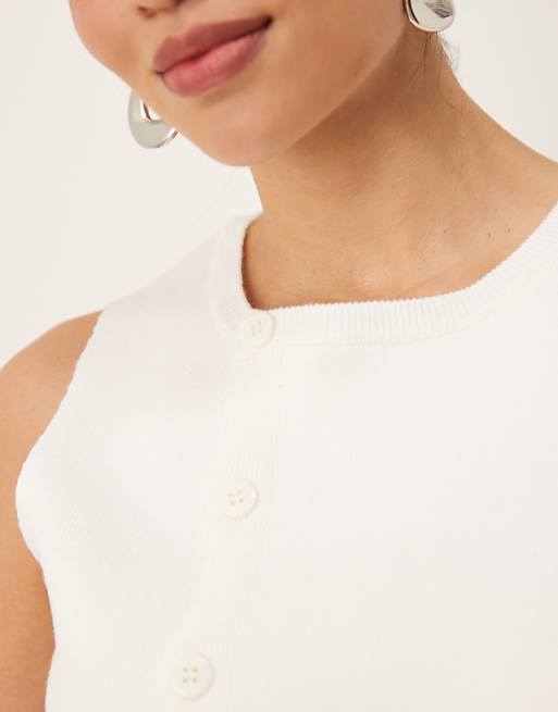 ASOS DESIGN Knitted Structured Asymmetric Button Front Waistcoat With Split In Cream