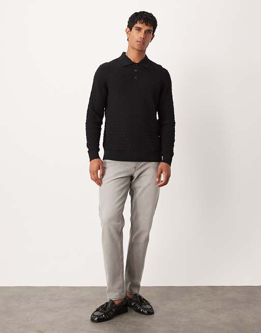 ASOS DESIGN Knitted Textured Long Sleeve Polo In Black
