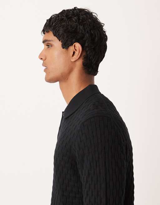 ASOS DESIGN Knitted Textured Long Sleeve Polo In Black