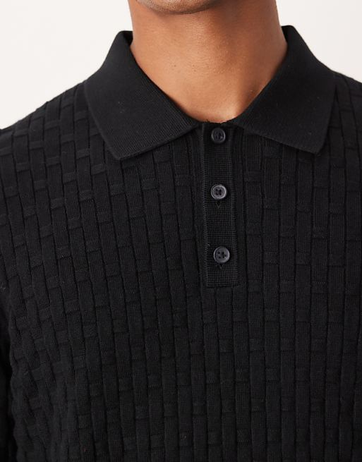 ASOS DESIGN Knitted Textured Long Sleeve Polo In Black