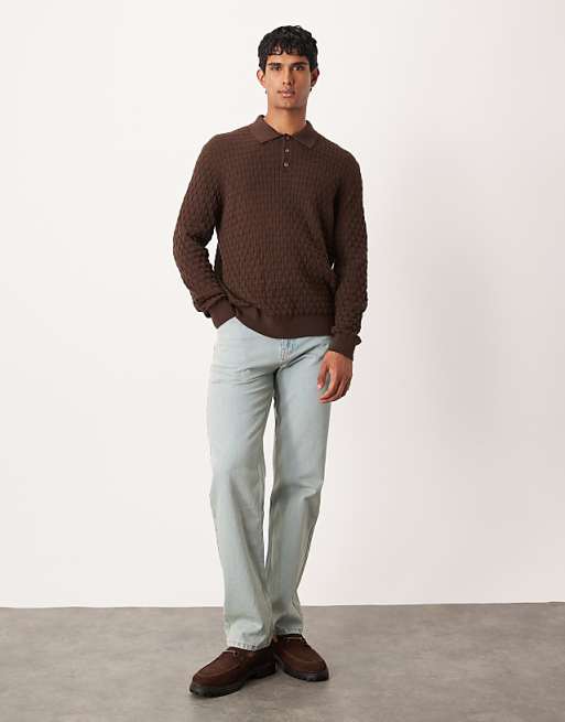 ASOS DESIGN Knitted Textured Long Sleeve Polo In Brown