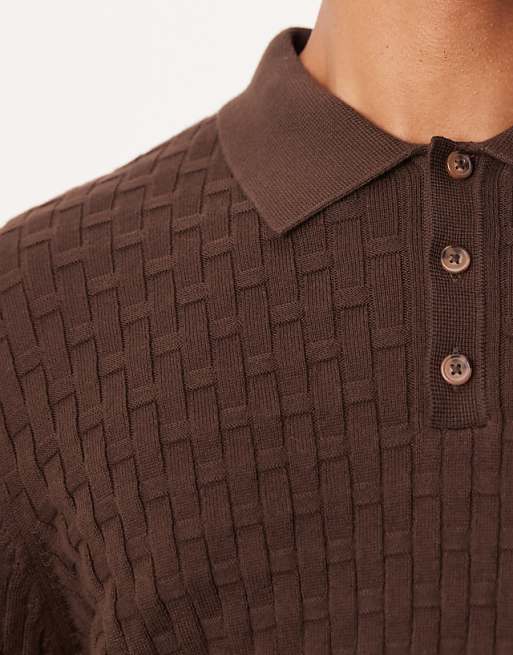 ASOS DESIGN Knitted Textured Long Sleeve Polo In Brown