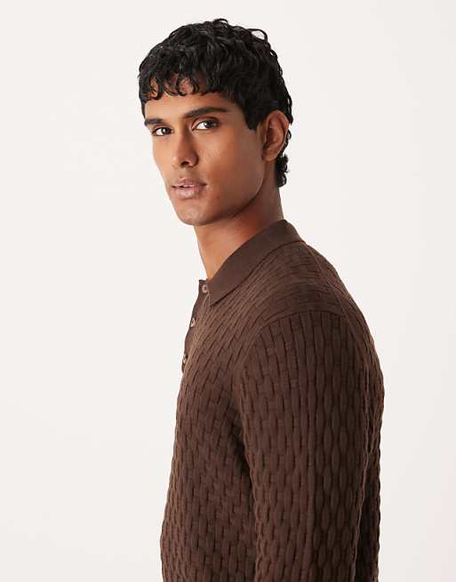 ASOS DESIGN Knitted Textured Long Sleeve Polo In Brown