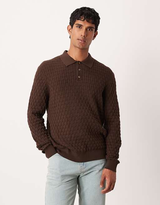 ASOS DESIGN knitted textured long sleeve polo in brown