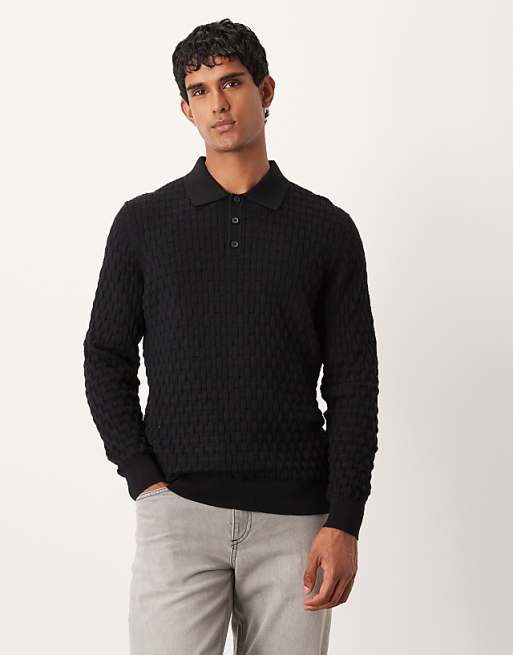 ASOS DESIGN knitted textured long sleeve polo in black