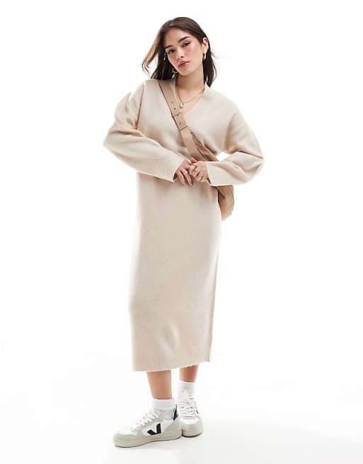 ASOS DESIGN Knitted V Neck Midaxi Dress In Oatmeal