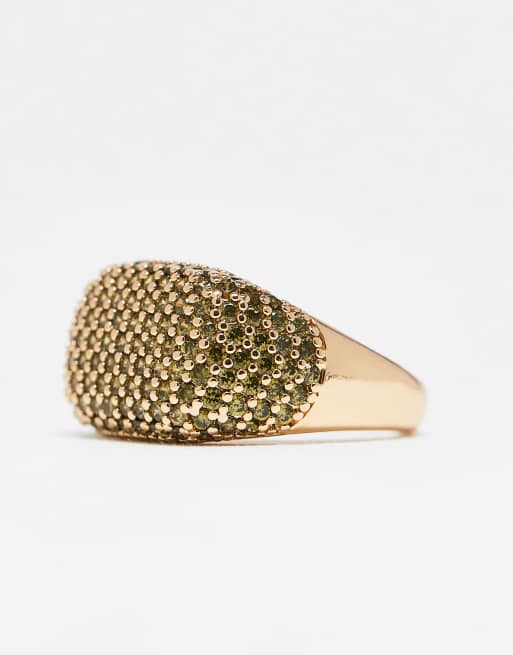 ASOS DESIGN Large Ring With Green Pave Crystals In Gold Tone