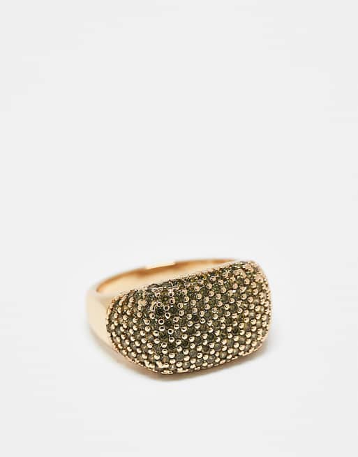 ASOS DESIGN large ring with green pave crystals in gold tone