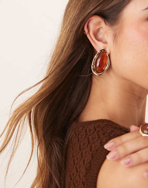 ASOS DESIGN large stud earrings with faux amber stone in gold tone