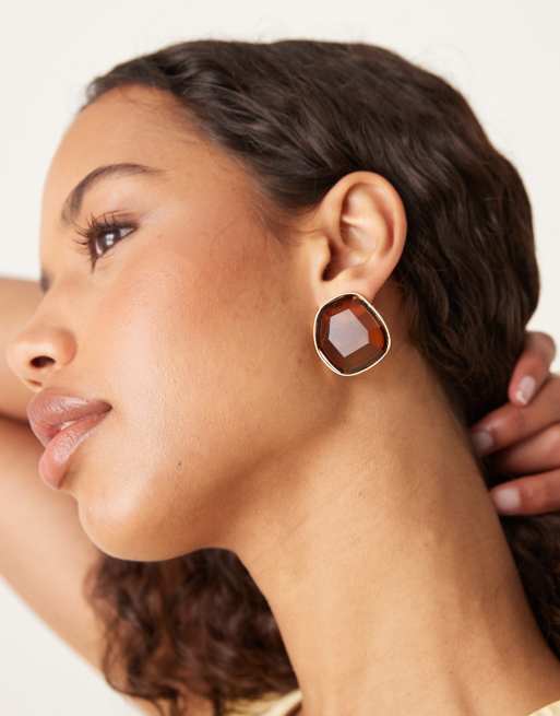 ASOS DESIGN Large Stud Earrings With Faux Crystal Design In Amber Tone