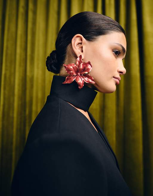 ASOS DESIGN large stud earrings with flower design in red and gold tone