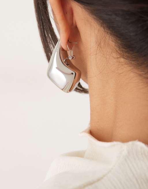 ASOS DESIGN Large Teardrop Earrings With Angular Design In Silver Tone