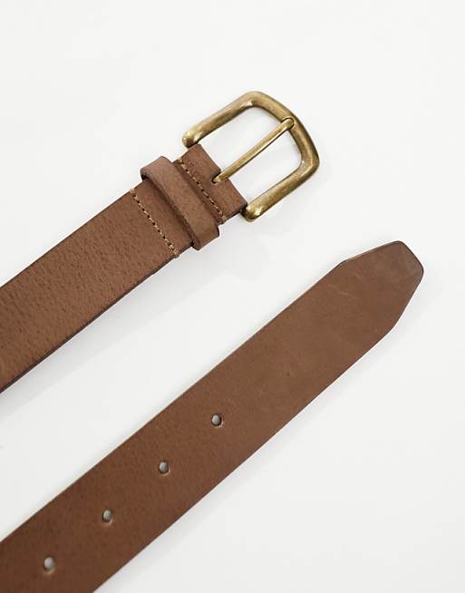 ASOS DESIGN Leather Belt With Burnished Gold Buckle In Vintage Brown