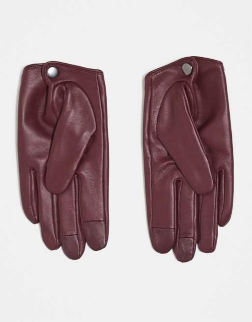ASOS DESIGN Leather Touch Screen Gloves In Burgundy