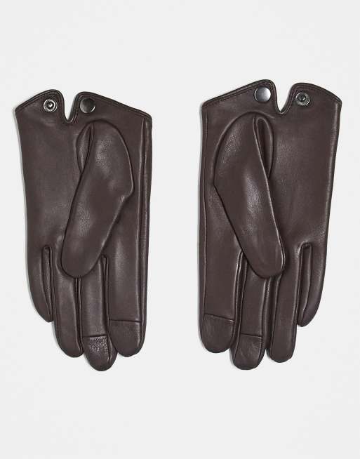 ASOS DESIGN Leather Touch Screen Gloves In Chocolate