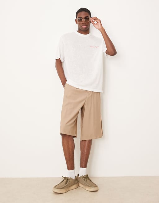 ASOS DESIGN Linen Look Relaxed T-shirt With Riviera Graphic In Off White
