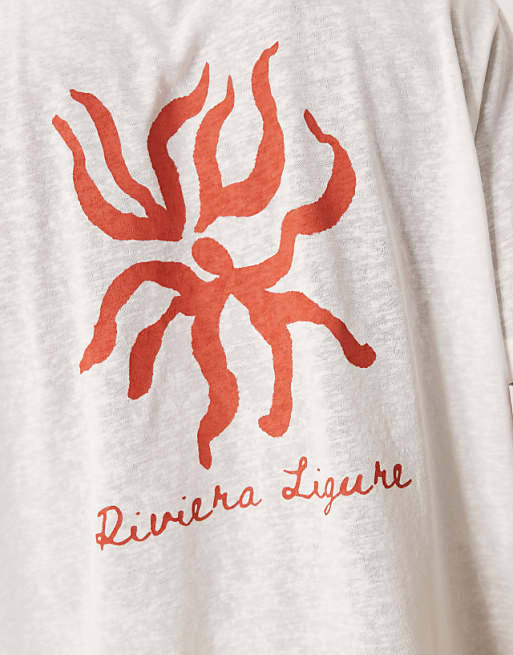 ASOS DESIGN Linen Look Relaxed T-shirt With Riviera Graphic In Off White