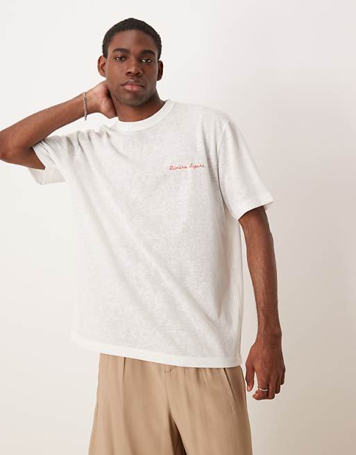 ASOS DESIGN Linen Look Relaxed T-shirt With Riviera Graphic In Off White