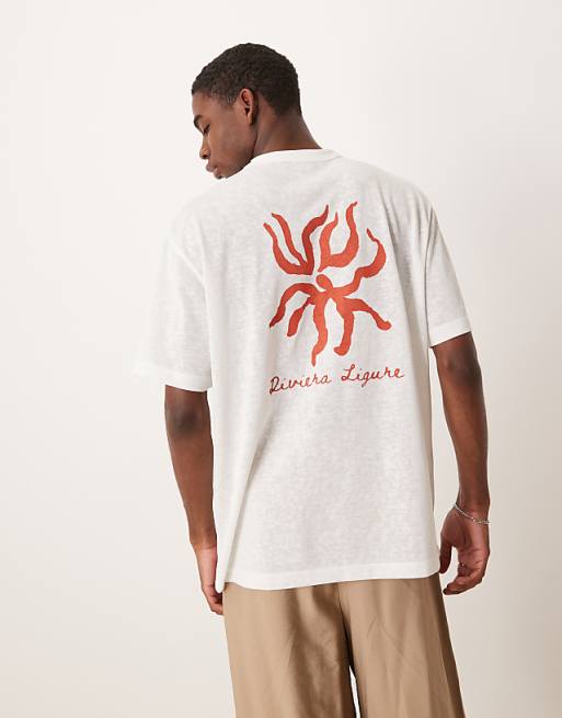 ASOS DESIGN linen look relaxed t-shirt with riviera graphic in off white