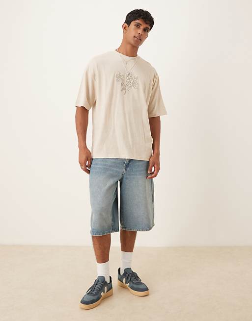 ASOS DESIGN Linen Mix Oversized T-shirt With Floral Embroidery In Natural