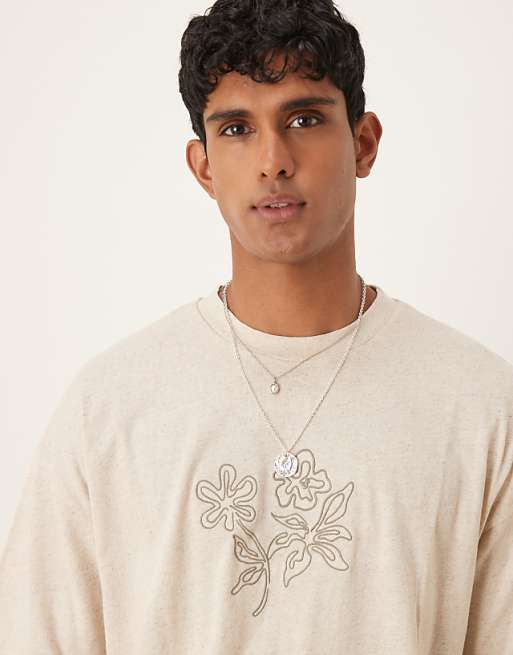 ASOS DESIGN Linen Mix Oversized T-shirt With Floral Embroidery In Natural
