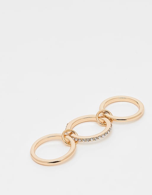 ASOS DESIGN linked stacking ring with faux-crystal embellishment in gold tone