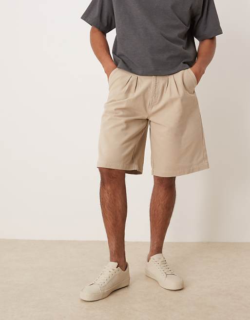 ASOS DESIGN long length denim cargo jorts with double pleats in khaki