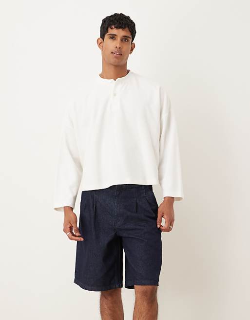 ASOS DESIGN Long Length Double Pleated Denim Jort In Mid Wash Blue